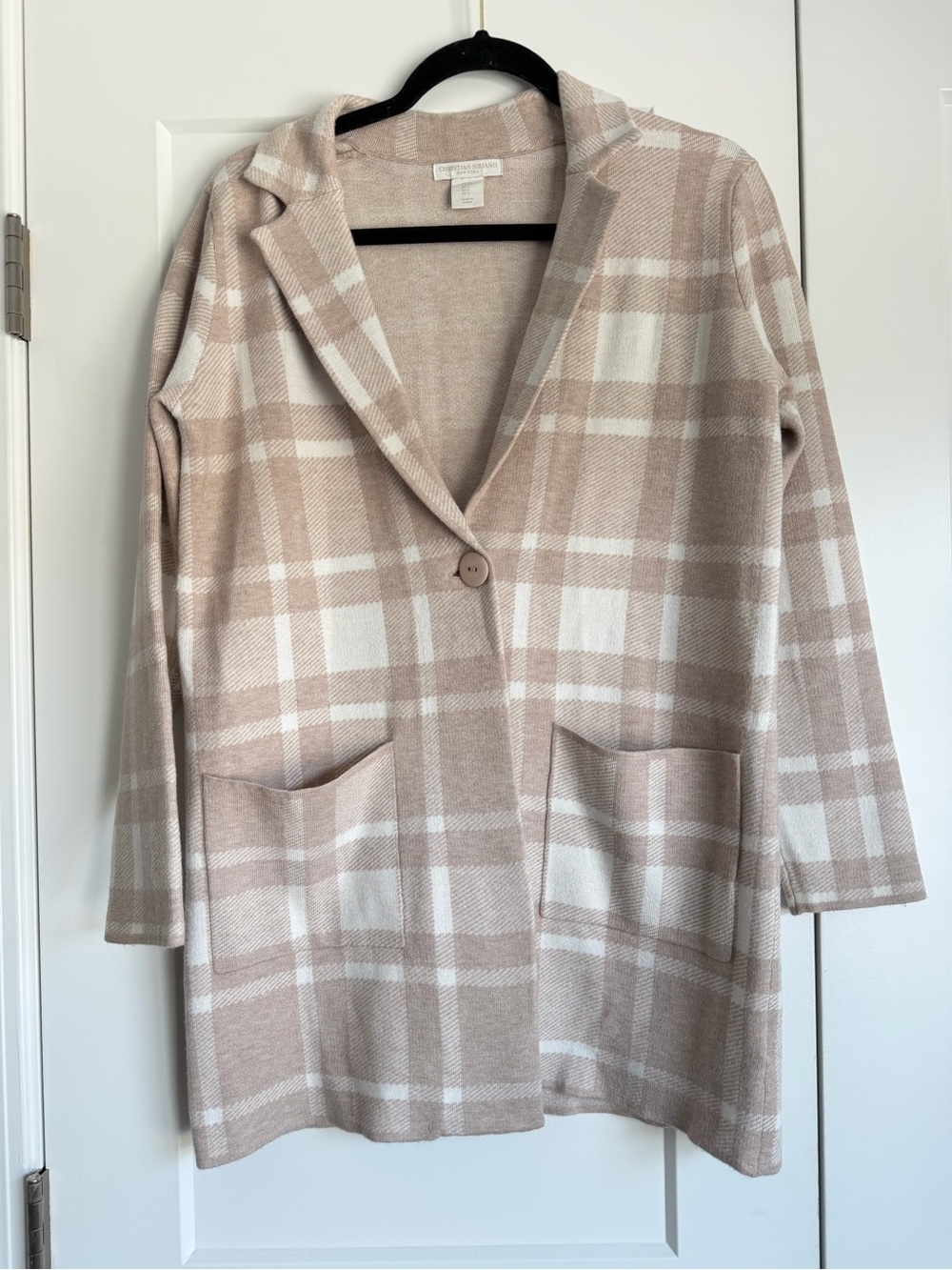Christian Siriano New York Plaid Cardigan Blazer Sweater Tan Cream Longline